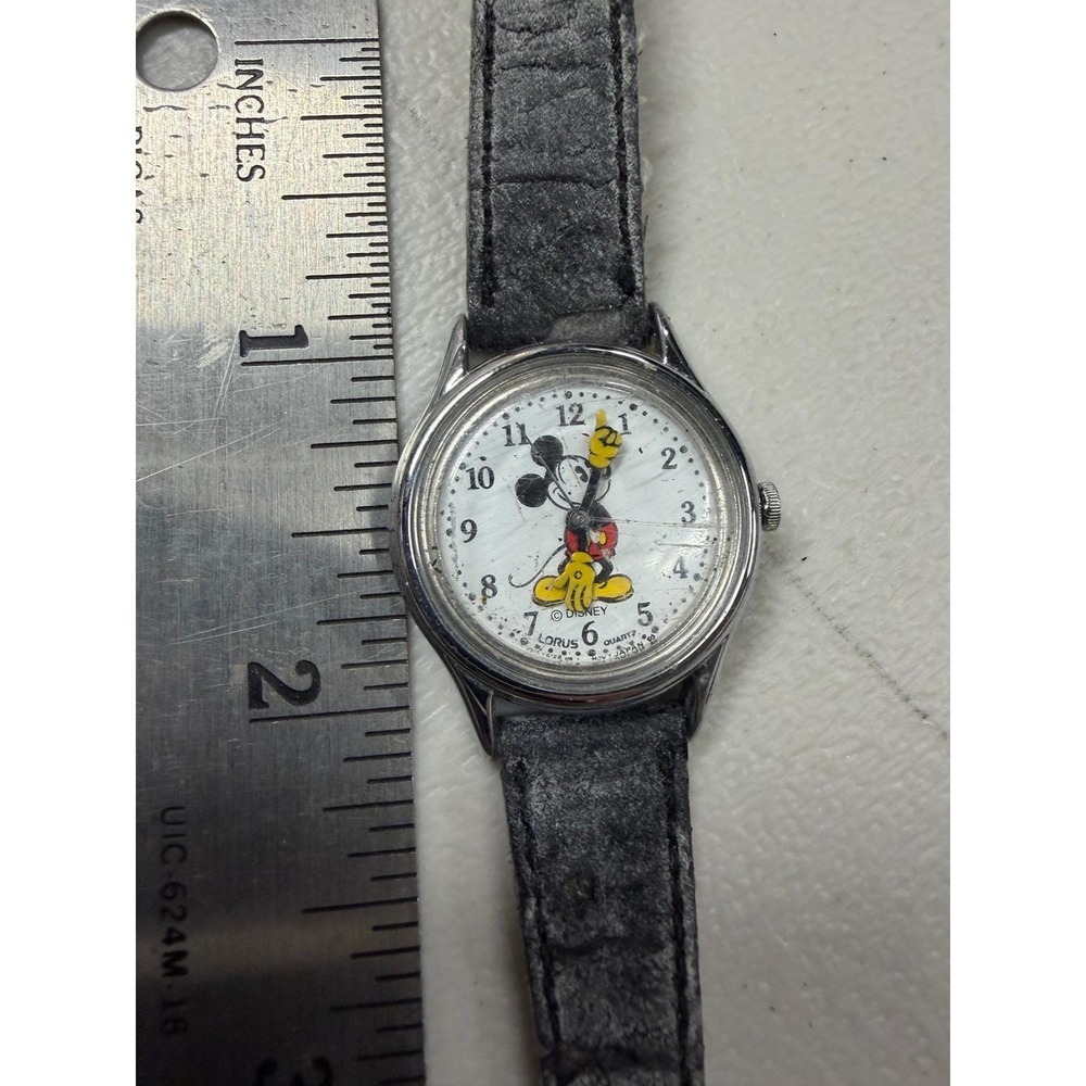 Vintage Lorus Mickey Mouse Disney Watch V515-6080 Silver Tone Grey Strap Quartz